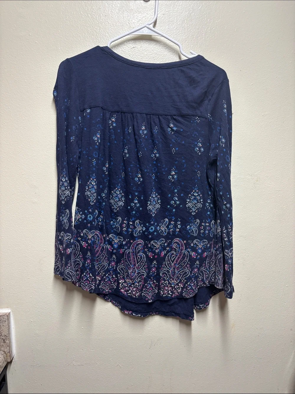 Lucky brand navy Blue Boho Paisley Tassel Tie Peasant Top Size M 3/4 sleeve - Picture 5 of 8